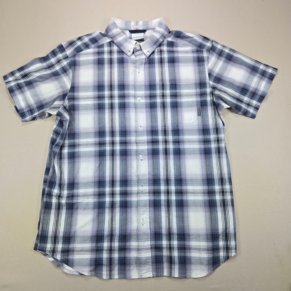Columbia Button Down Shirt Plaid Regular Fit Short Sleeve Blue Purple Mens L